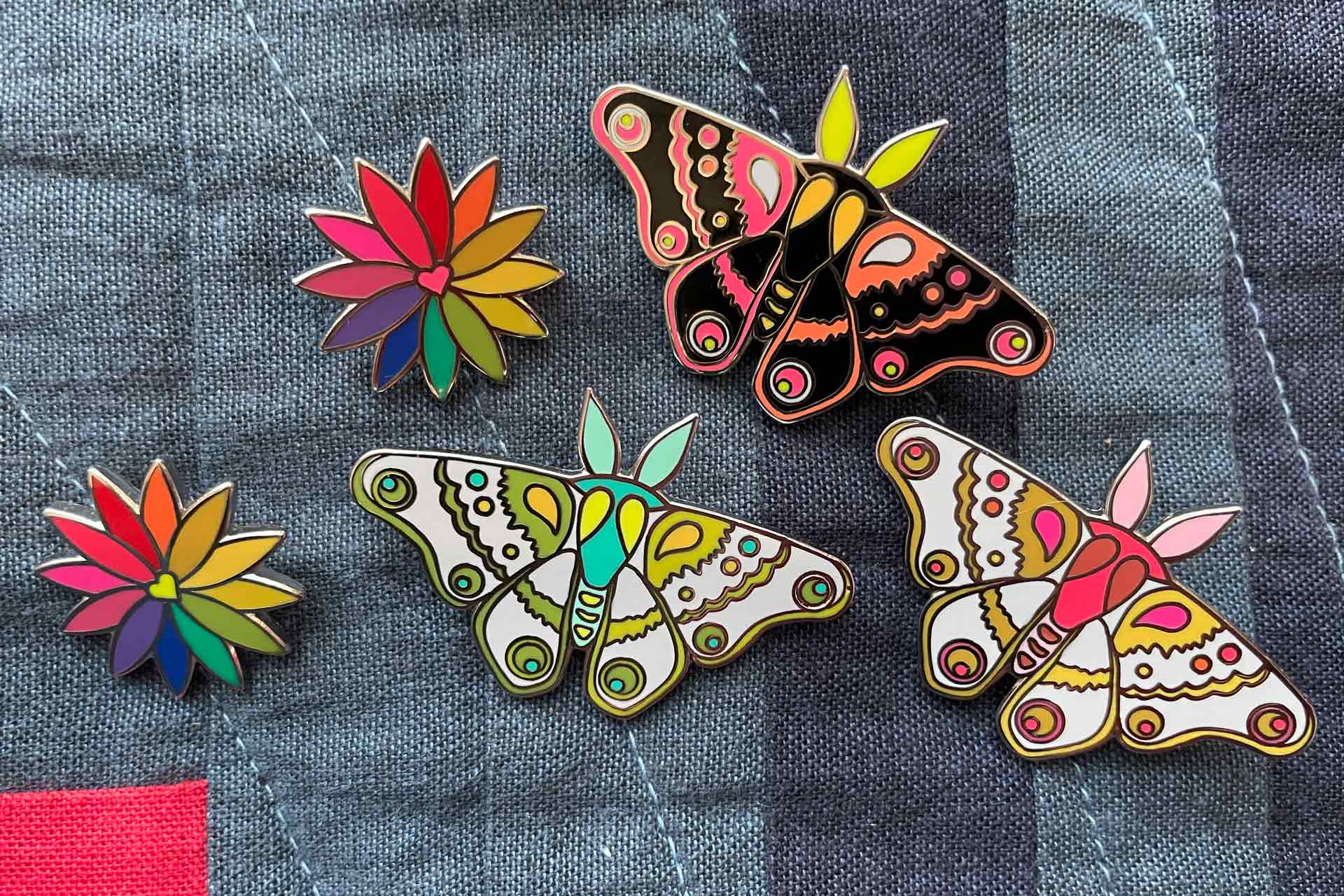 2021 new moth and rainbow flower pins with neon colors