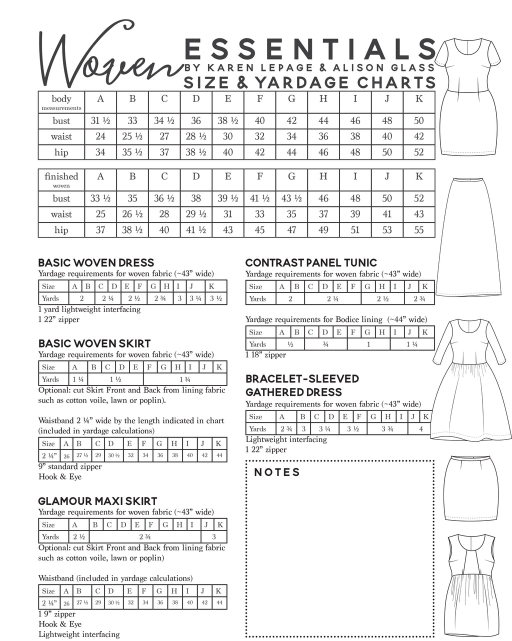 woven size yardage charts