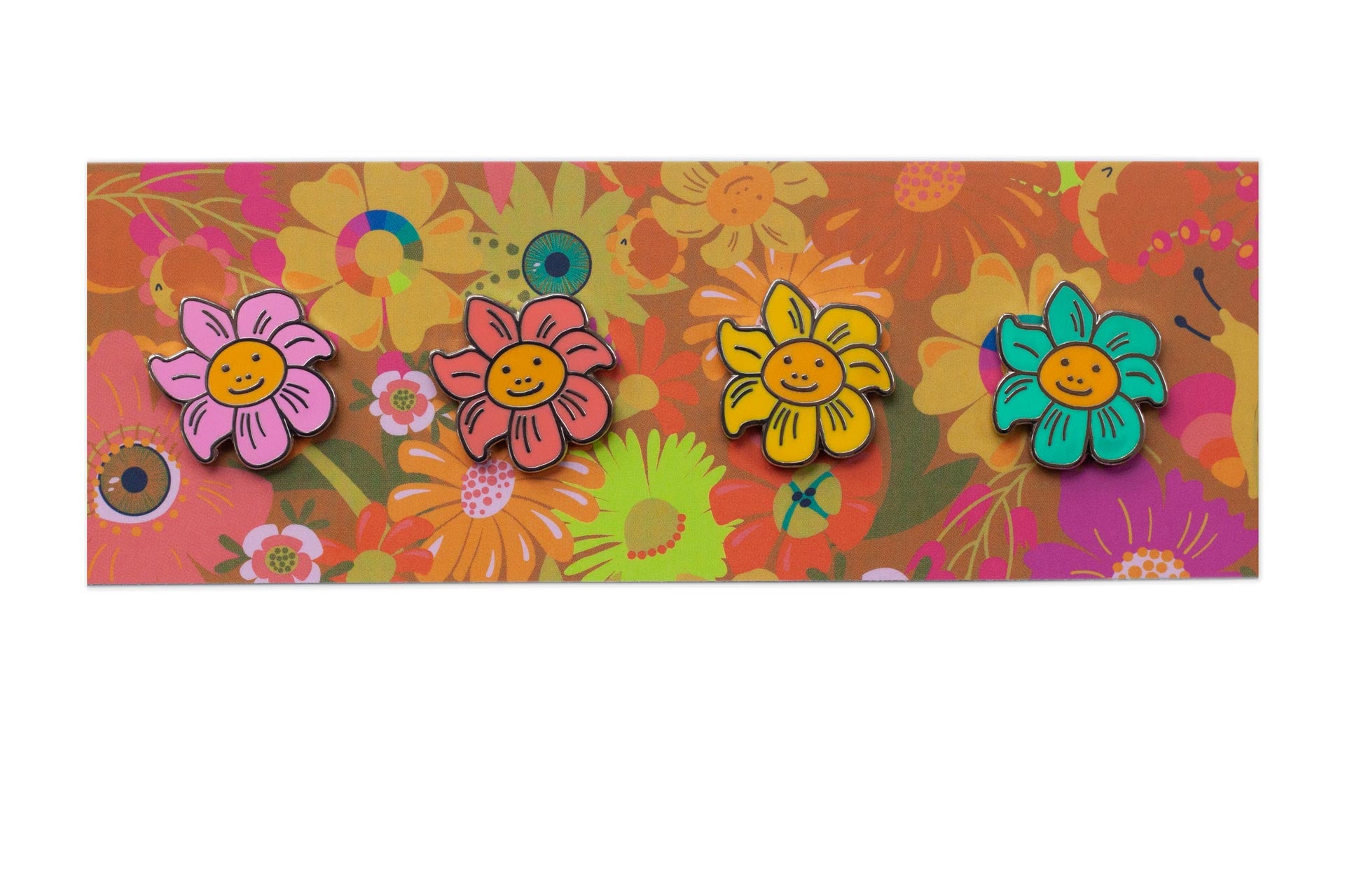 set of enamel smiling flower pins from the between collection