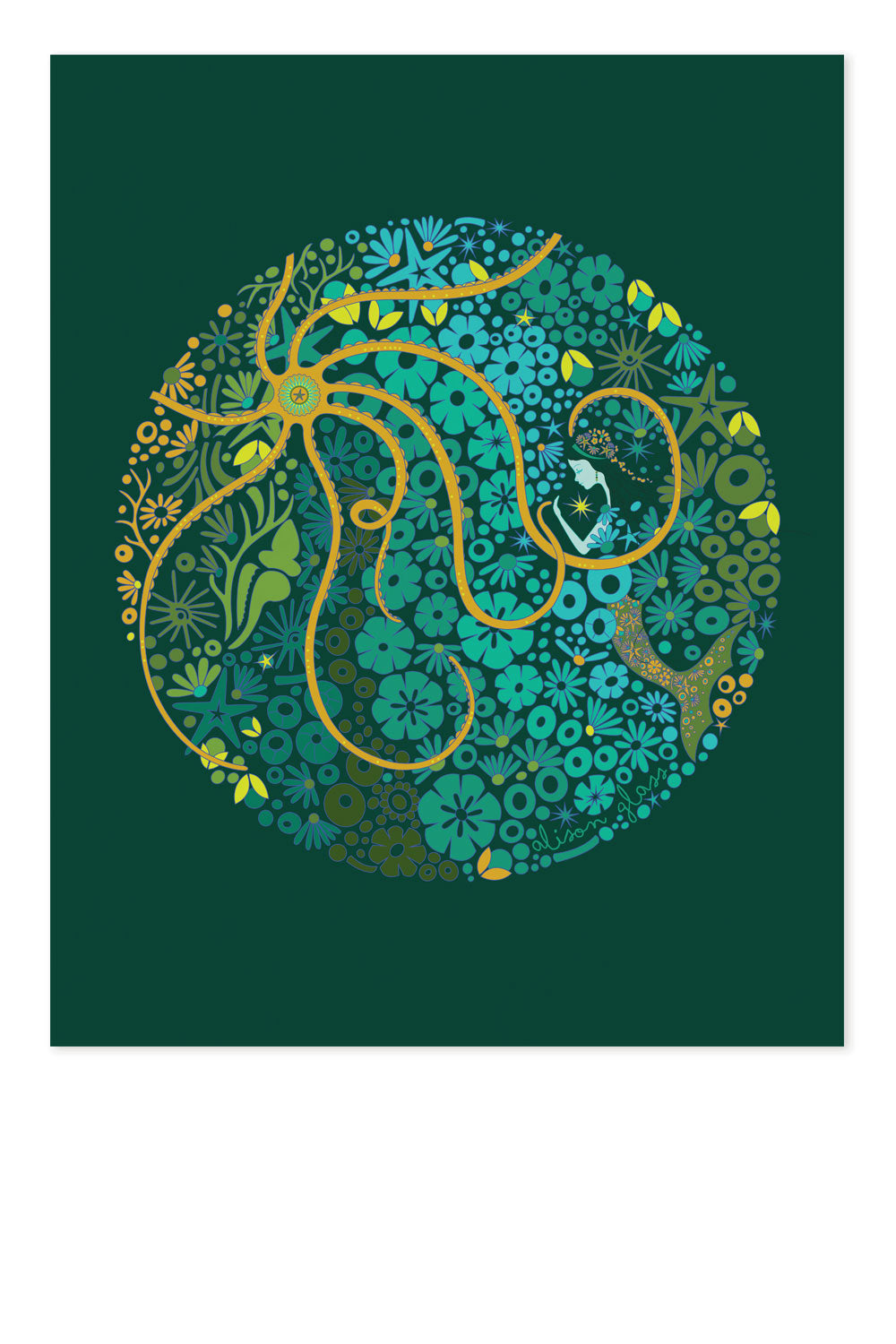 mermaid circle in jade art print