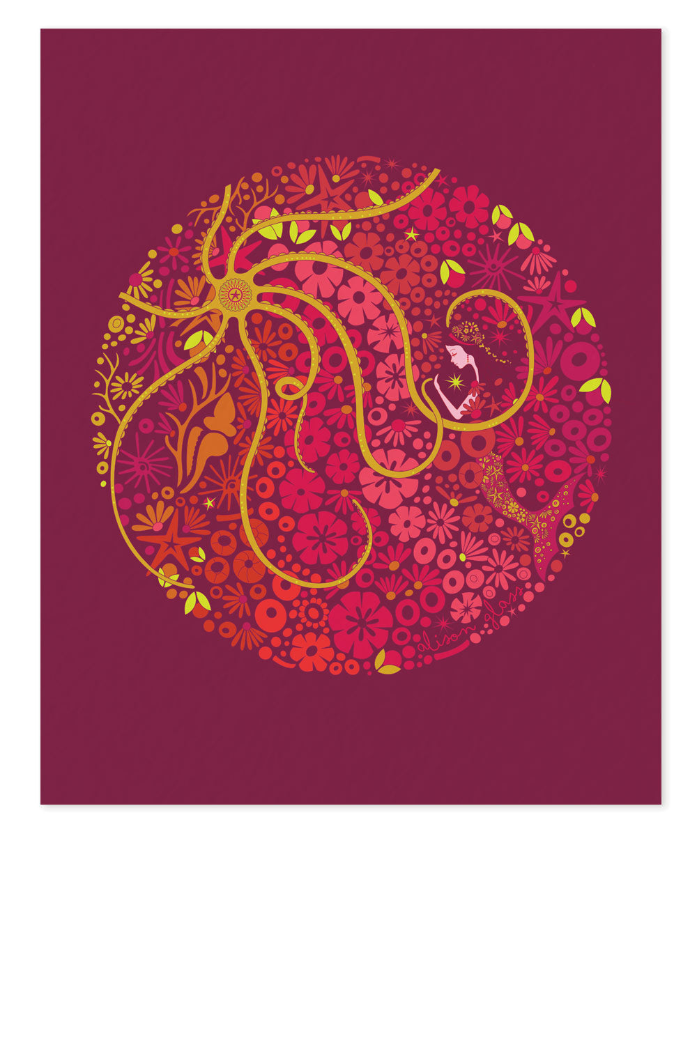 mermaid circle in pink art print