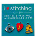 i heart stitching zipper pulls in blue/grey