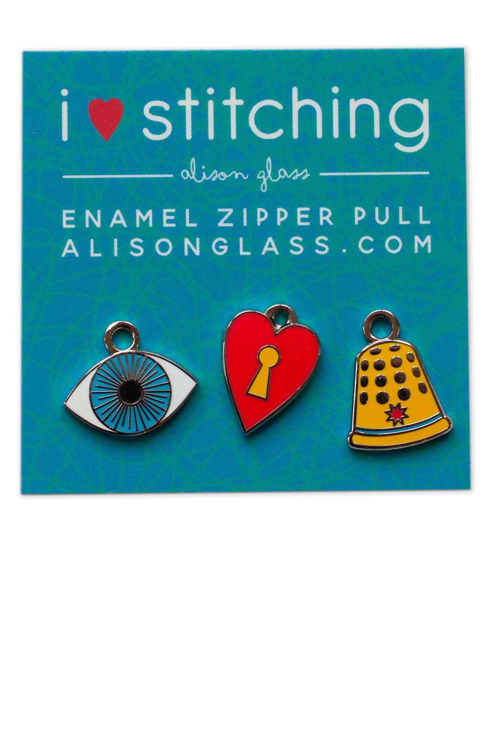 i heart stitching zipper pulls in blue/grey