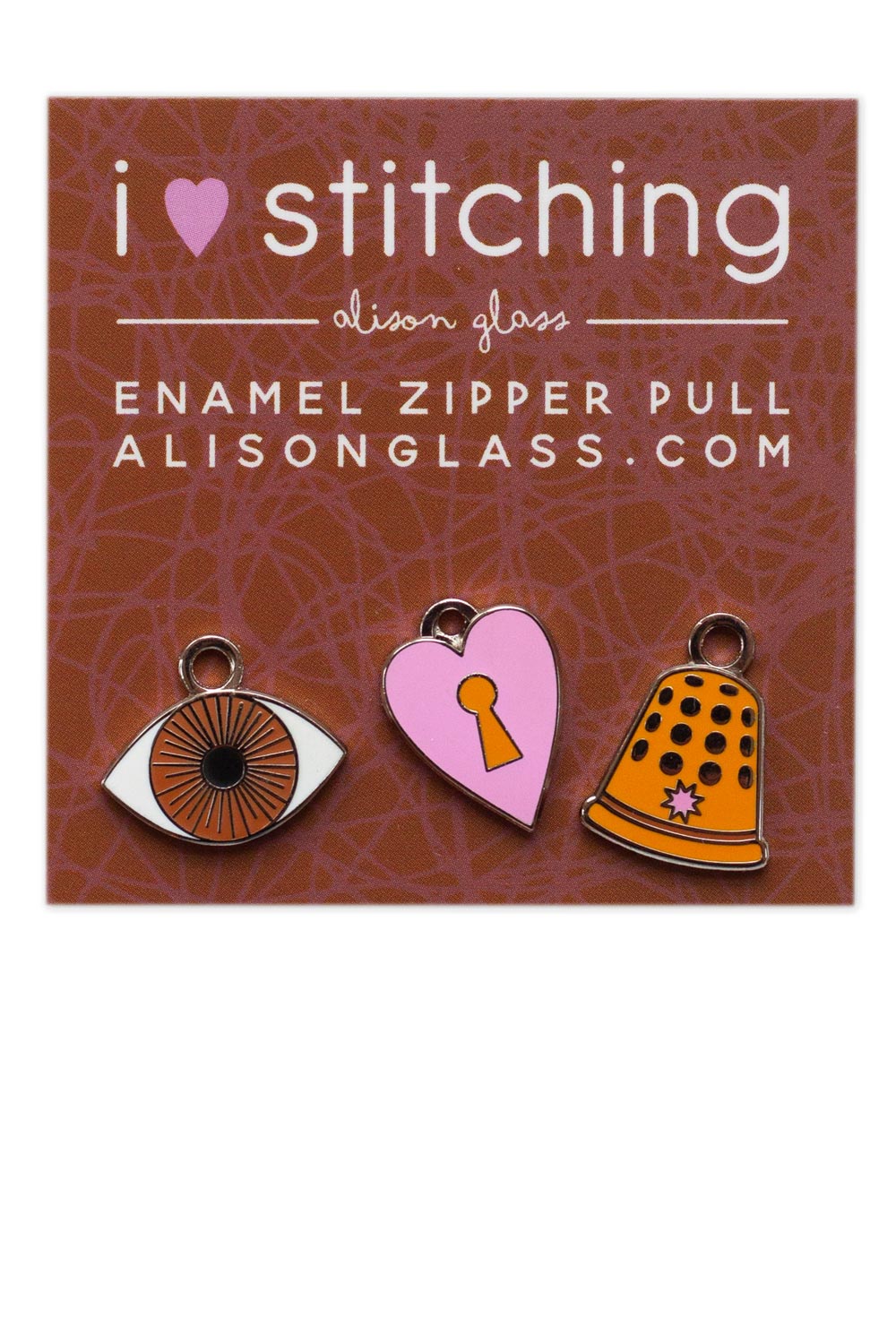 i heart stitching zipper pulls in brown/amber