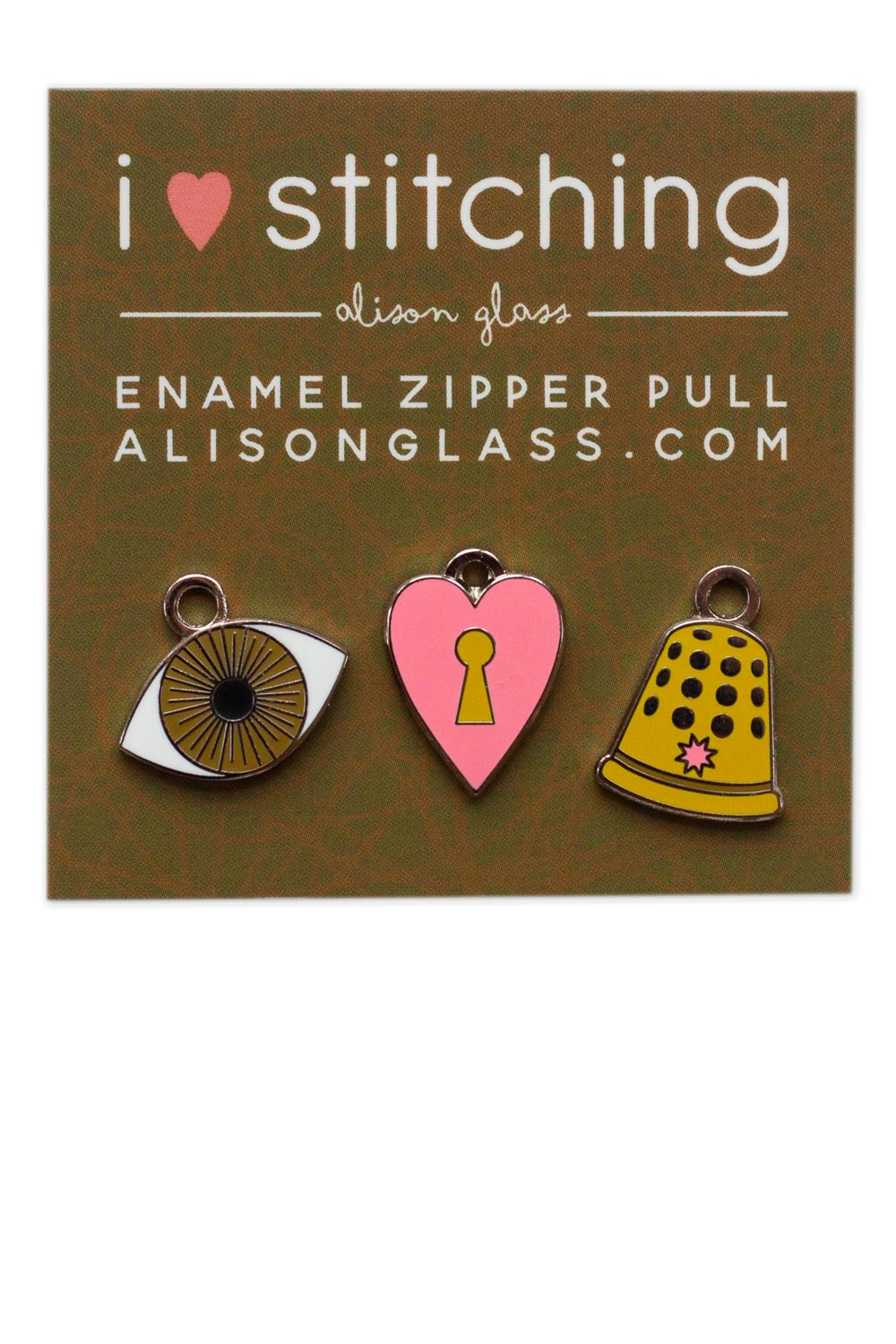 i heart stitching zipper pulls in green/hazel