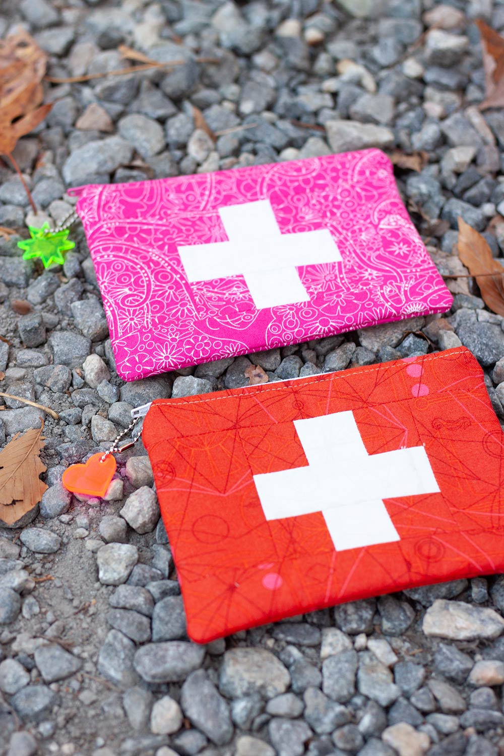 insignia bag pulls on patchwork zipper pouches