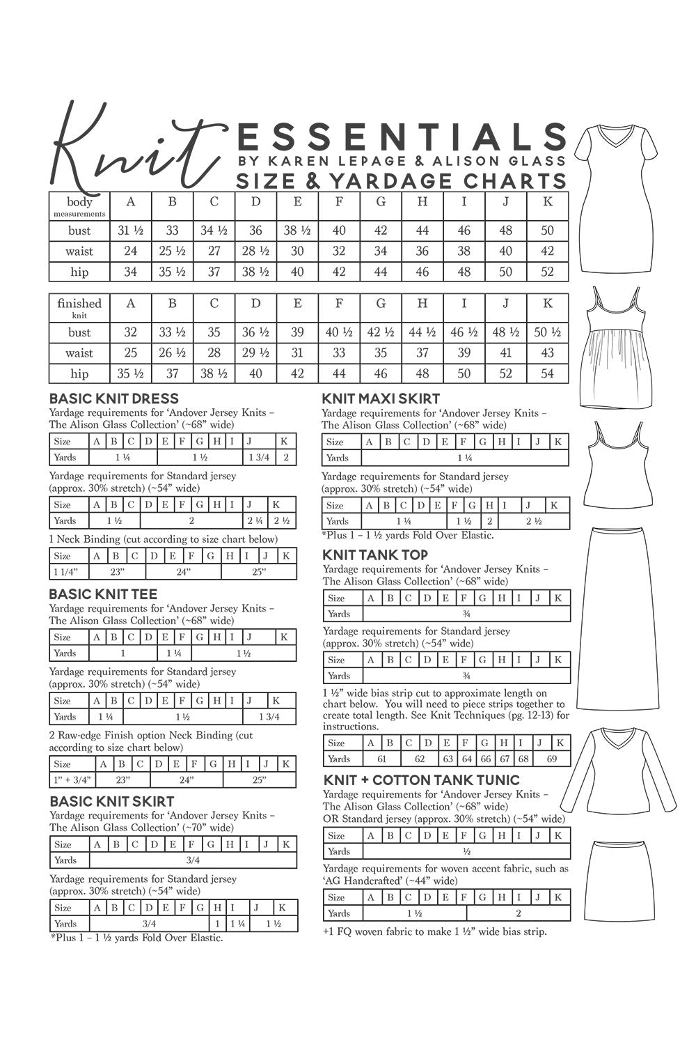 knit essentials size chart