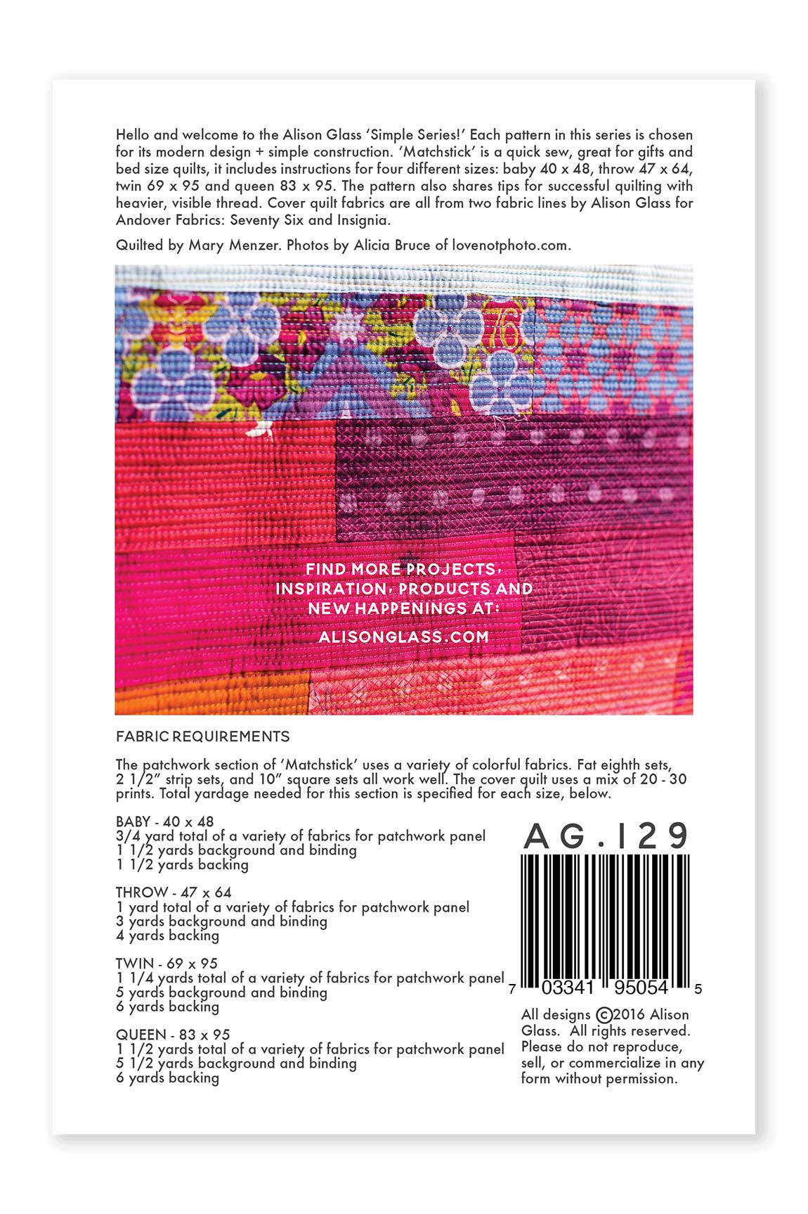matchstick pattern alison glass pattern company back